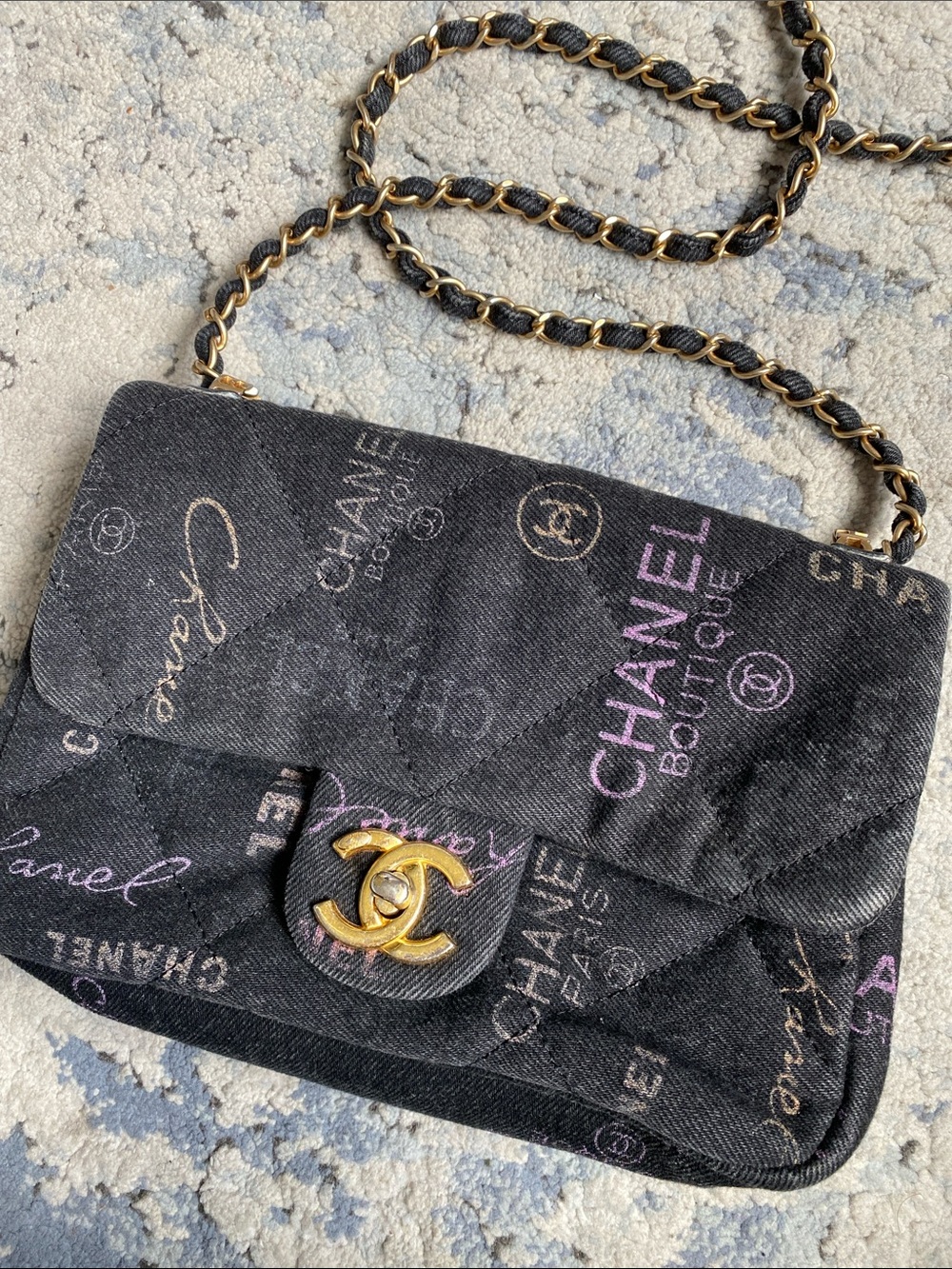 Black Fabric Logo-Print Quilted Shoulder Bag with Gold Hardware - Picture 2 of 6